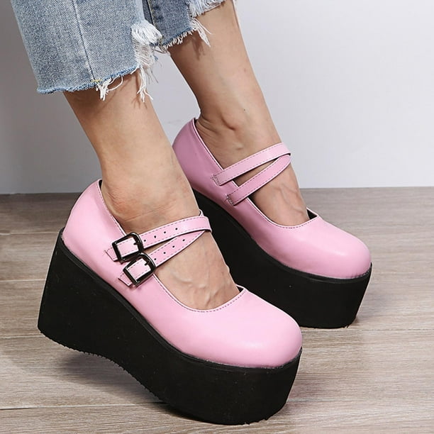 Zapatos de cuero de color sólido con plataforma y tacones altos a - Main Image