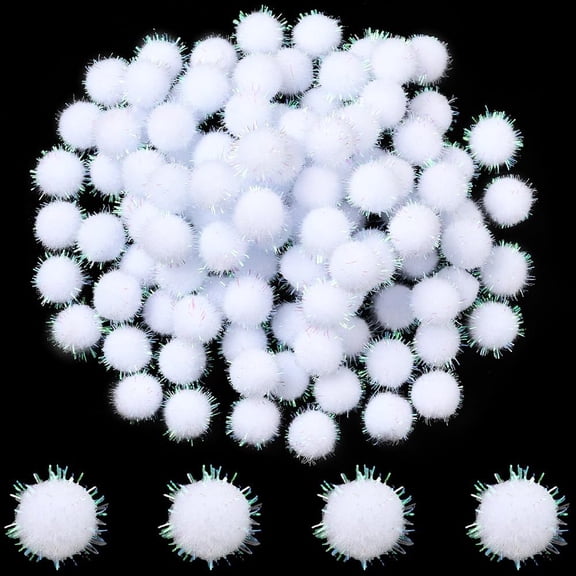 120Pcs 15mm Tinsel Pompoms White Sparkly Bulk Christmas Glitter Ball Soft Sequin Polyester Crafting Round Cute Fluffy Small Pompoms Creative Craft