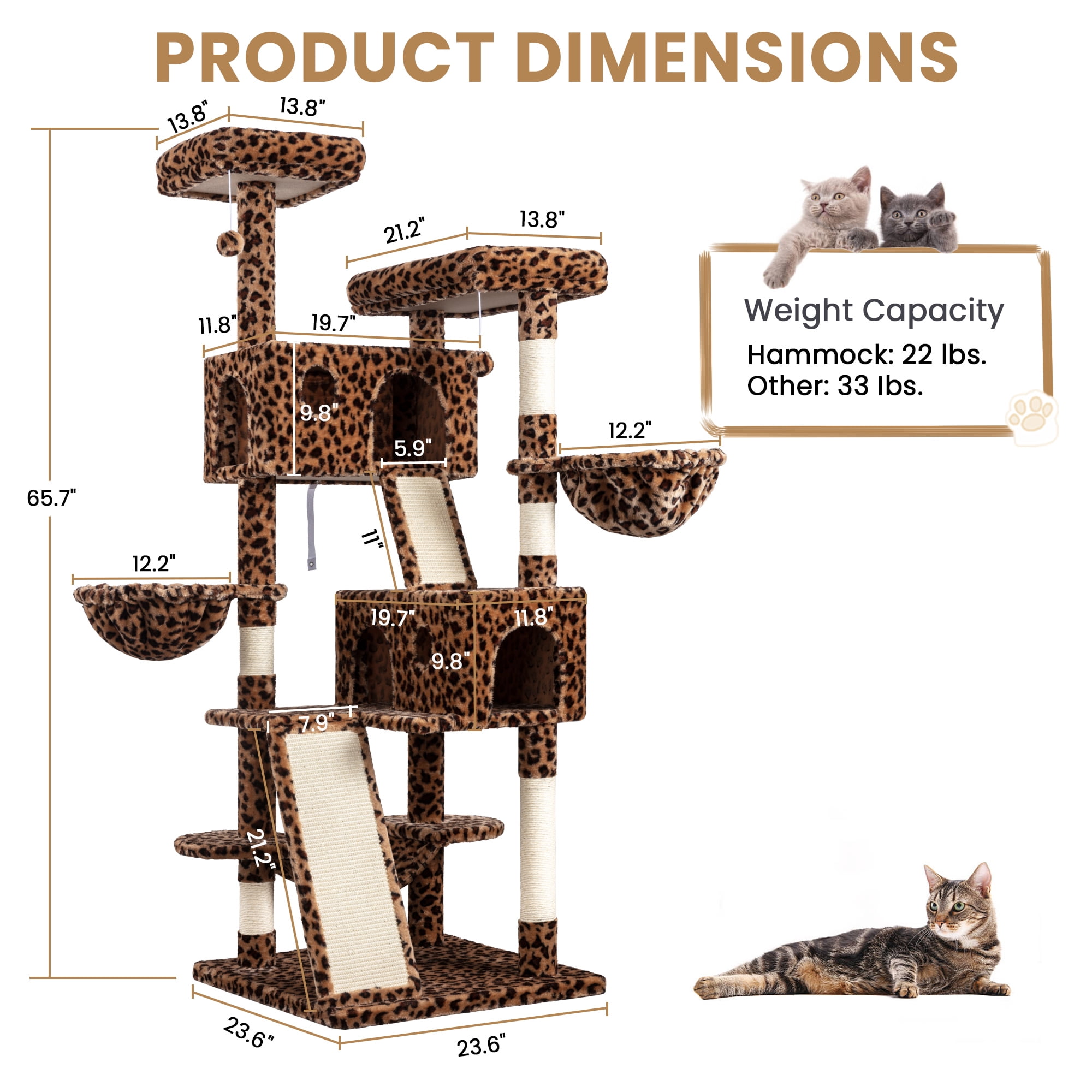 Merrland 65.7" Large Cat Tree Tower Condo for Cats with 2 Scratching Ramps, Hammock & Scratching Posts, Leopard Print