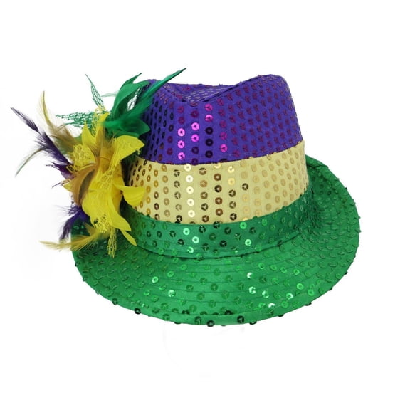 Yuanlong Sequin Fedora Hats Carnival Colorful Sparkle Party Hat with Feather & Flower Decor Holiday Shiny Hat for Women Men