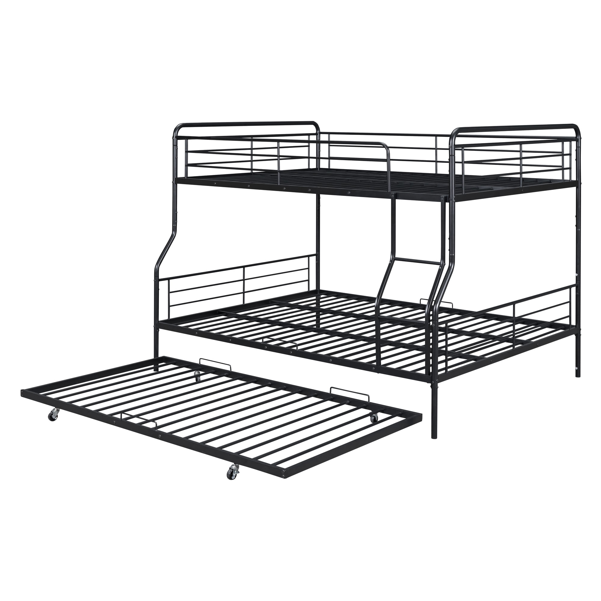 Full XL Over Queen Bunk Bed with Trundle,Heavy Duty Metal Bed Frame Sturdy Guard Rail for Kids/Adults,Can be Divided Into Two Beds,Black