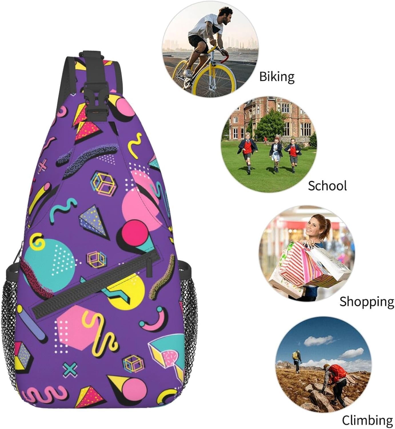Purple 80s 90s Style Pattern Sling Bag Crossbody Hiking Travel Chest Bags Backpack Shoulder Daypack for Women Men