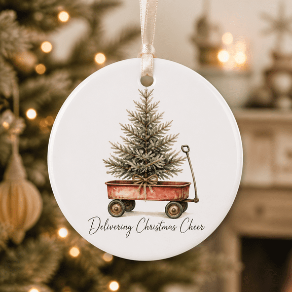 Christmas Ornament Vintage Red Wagon Pine Tree Hanging Keepsake for Christmas Tree