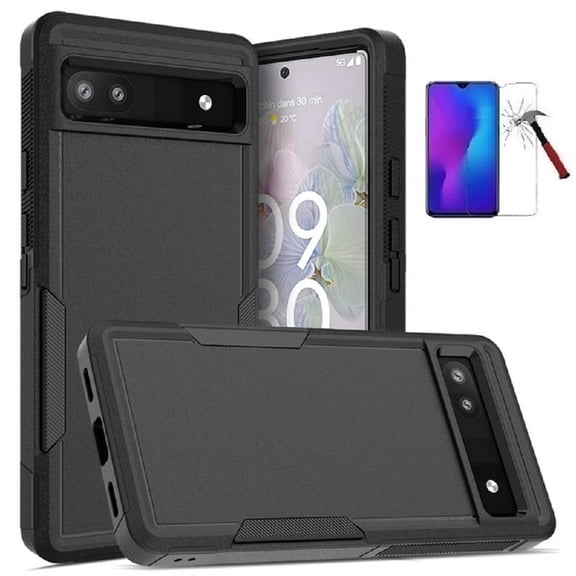 Tommulti Phone Case for Google Pixel 6a (2022), Hard Cover Case with Tempered Glass (Black)