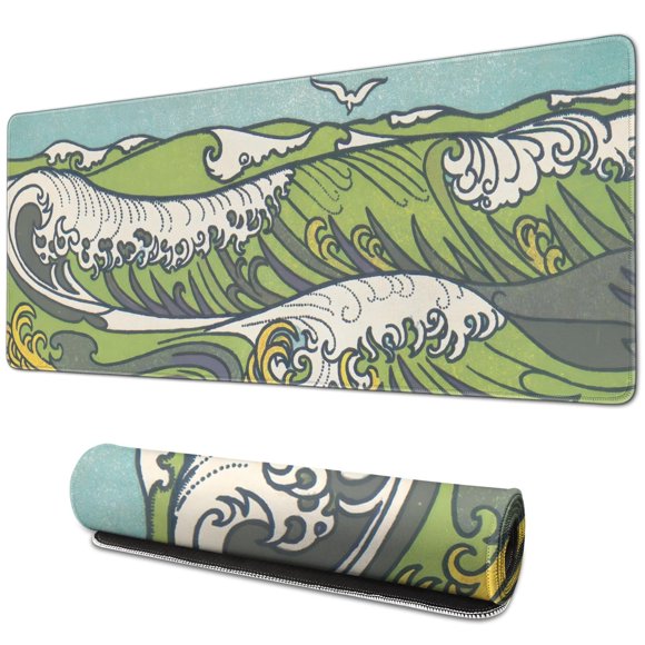 Tapis de Souris Vagues Vertes avec Mouettes Imperméable Antidérapant pour Bureau Maison Travail Gaming Tapis de Souris Base en Caoutchouc avec Bords Cousus 31.5x11.8 Pouces