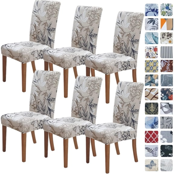 Chair Covers for Dining Room 6 Pack, Stretch Dining Chair Cover, Washable Spandex Kitchen Parsons Chair Slipcovers, Removable Seat Protector for Home or Party (Set of 6, Floral Beige)