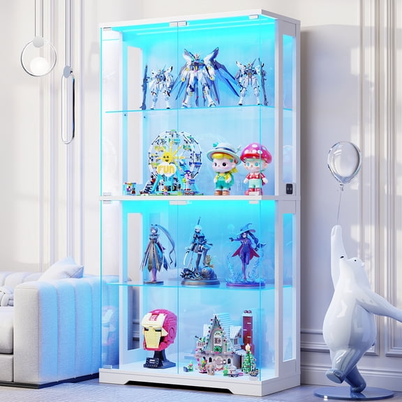 BROTTAR Display Cabinet with Glass Doors, 4-Tier Curio Cabinet with 3 Color Lights for Collectibles, 65" Lighted Glass Display Case with Transparent Full-Display Surface, Human Body Sensor, White