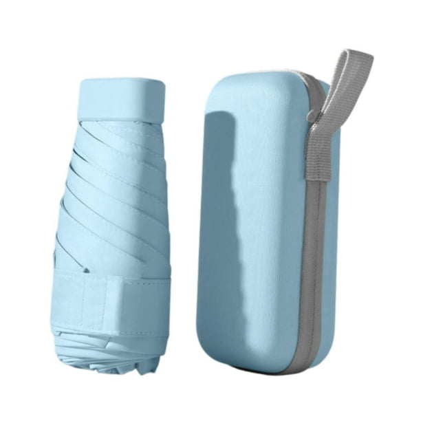 Mini paraguas de viaje con estuche, apertura manual, portátil, para playa y exteriores. Azul claro