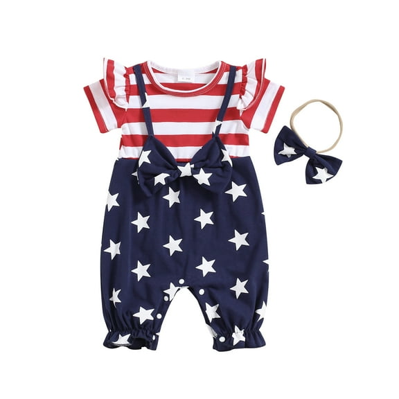 Musuos Newborn Girl 4th for July Outfit, 3M 6M 9M 12M 18M Short Sleeve Stars Stripes Print Patchwork Jumpsuit with Bowknot Headband