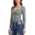 thumbnail image 4 of Blusas básicas ajustadas de manga larga con escote cuadrado para mujer, fruncidas, de stretch, color gris oscuro, 4 of 6