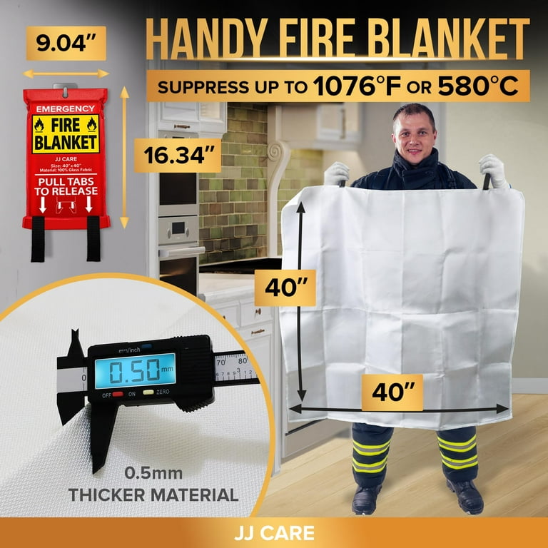 JJ CARE Fire Blanket – (X-Large) 6.5x6.5ft w/Hooks & Gloves