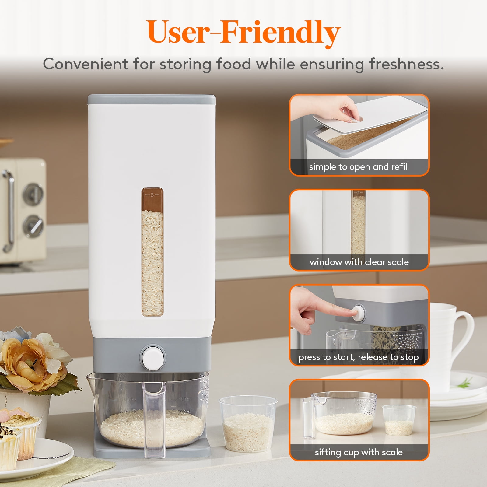 Leaglojoy 25 lbs Rice Dispenser, Airtight BPA-Free Storage Container for Rice, Cereal, and Kitchen Pantry