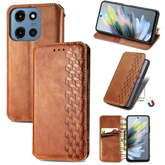 for Motorola Edge (2025) Wallet Case, Men's Retro Premium Business PU Leather Classic Magnetic Closure Flip Case with Card Holder [RFID Blocking] Folio Kickstand Shockproof Phone Cover,Brown