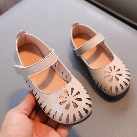 Krdevn Toddler Girls' Leather Mary Jane Flats, Floral Cutout Hollow Design Adjustable Hook and Loop Strap Breathable Summer Flat Shoes,Sizes 6-7 Years