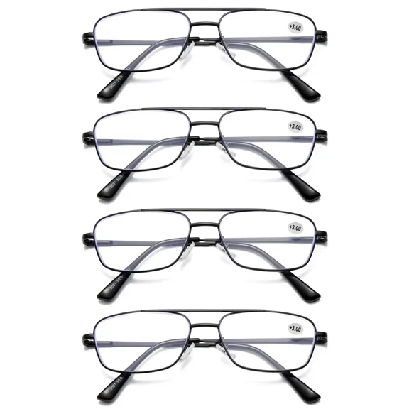 4 PK Mens Retro Aviator Reading Glasses Metal Frame Blue Light Blocking Readers