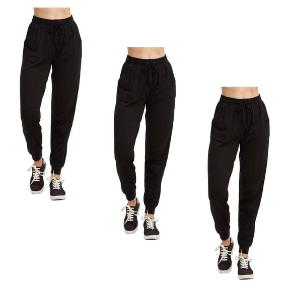 Couver Women's Cotton Stretch Active Jersey Jogger Pants with Pockets, Black L, 3-Pack