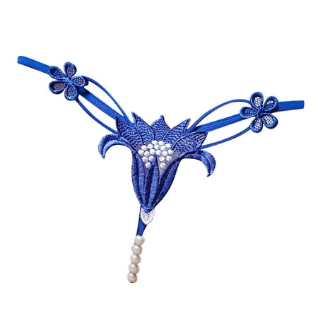 

Rewenti Women s Lace Low Waist Hollow Pearl Sexy Hot Sexy Flower Thong Sexy Underpant Blue Free size