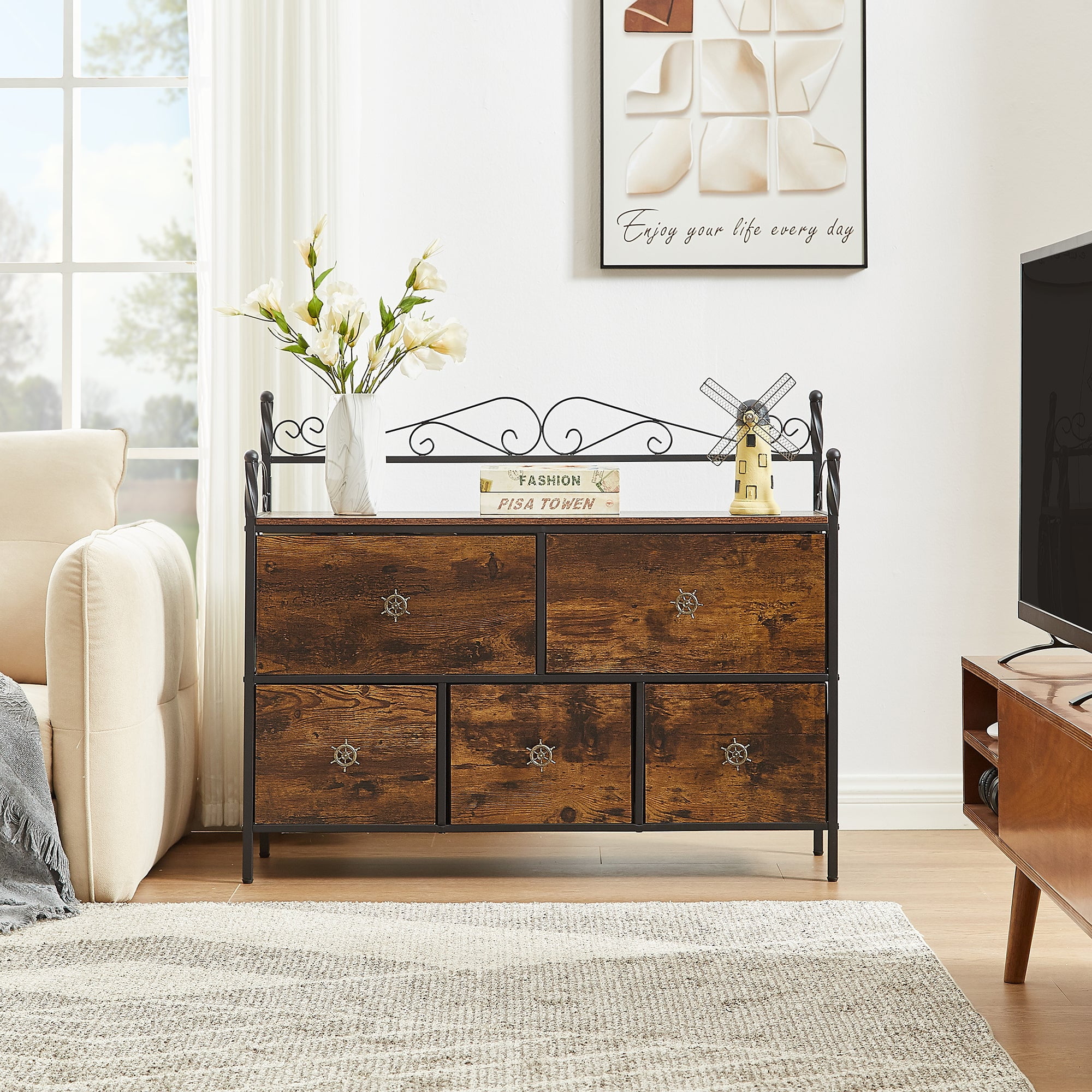 VECELO 4-Piece Bedroom Set Include Queen Size Bed Frame & Dresser & 2 Nightstand, Brown