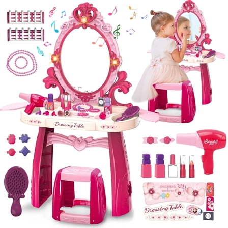 Sunforu Toddler Makeup Table with Mirror and Chair,Kids Makeup Vanity Set with Light&Music,Hair Salon Pretend Play Princess Dress Up Playset Gift Toddler 1-3