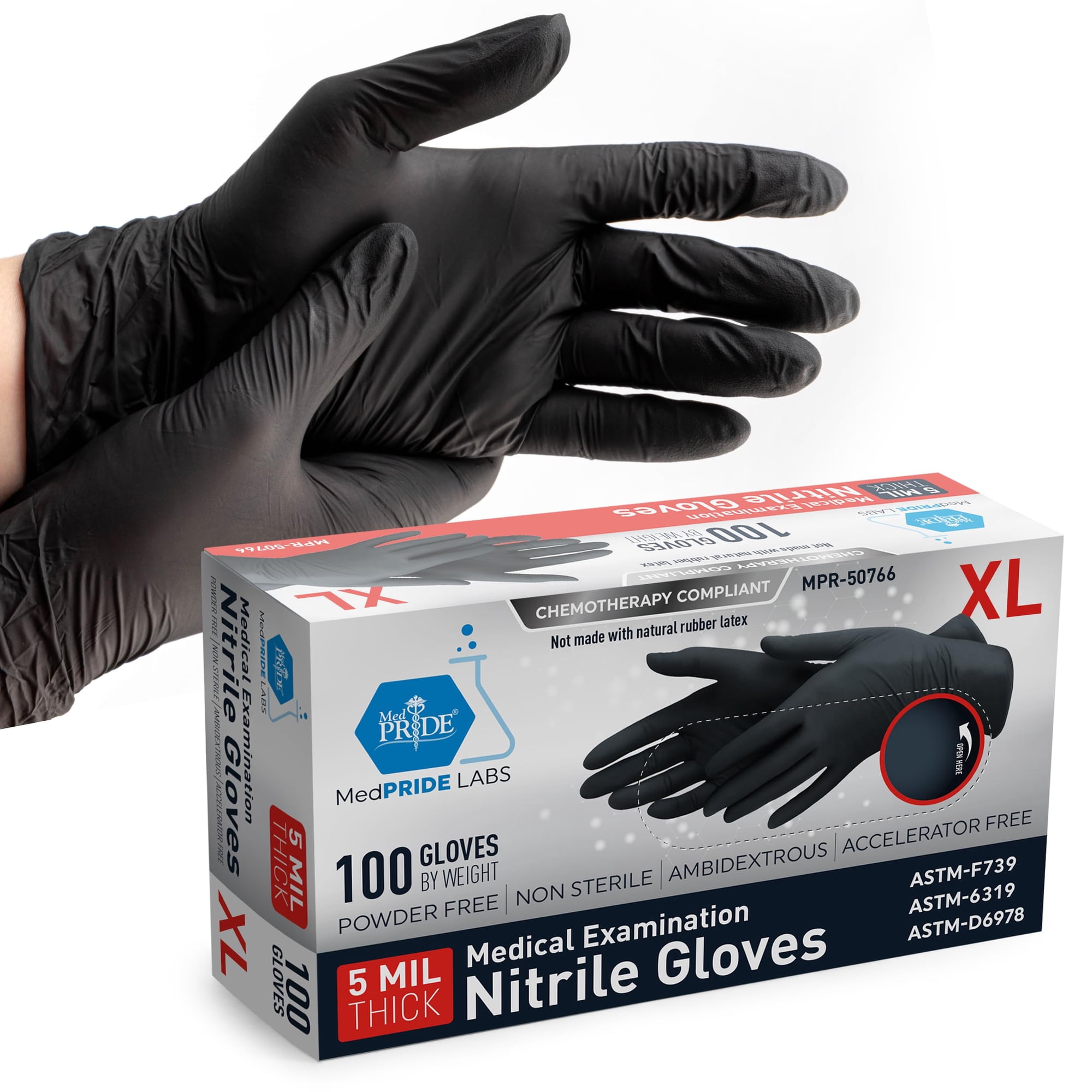MED PRIDE Black Nitrile Gloves XL | Box of 100 Gloves | 5 Mil | Powder-Free, Latex-Free, Exam Grade | Tattoo, Mechanic, Food Prep, Cleaning, Healthcare, Chemotherapy Tested