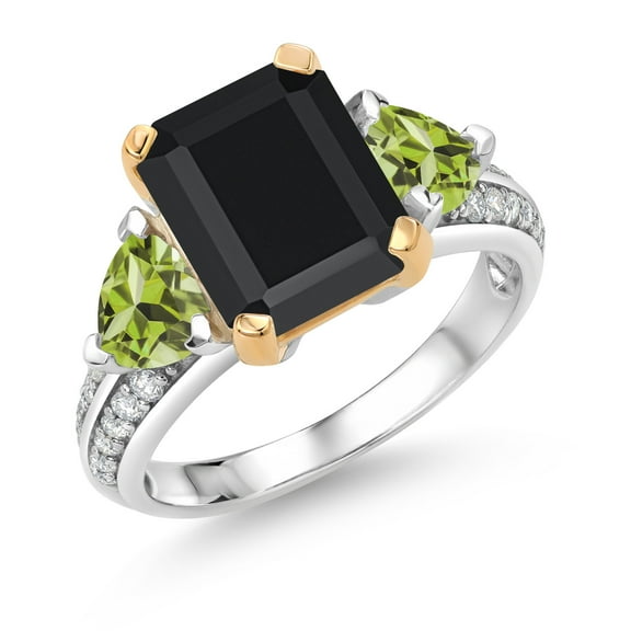 Gem Stone King 925 Sterling Silver and 10k Yellow Gold Black Onyx and Green Peridot 3 Stone Engagement Ring for Women (4.28 Cttw, Octagon Cut 10X8MM, Size 7)
