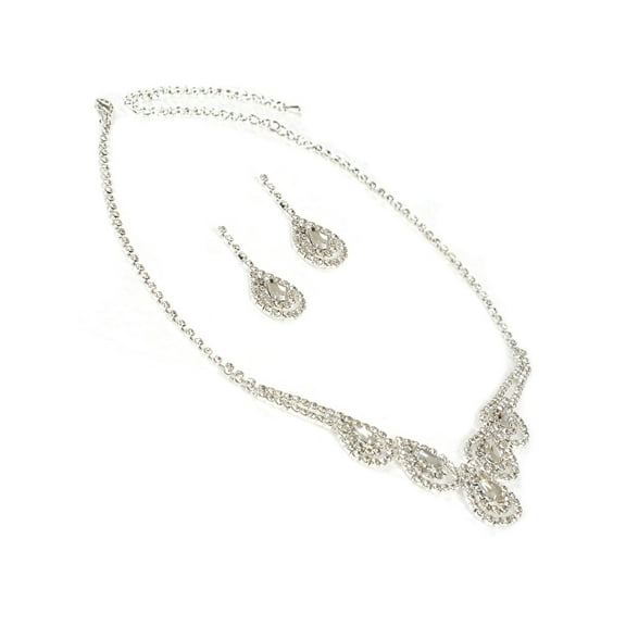 Silver Crystal Teardrop and 2 Line Rhinestone Necklace & Matching Dangle Earrings Jewelry Set