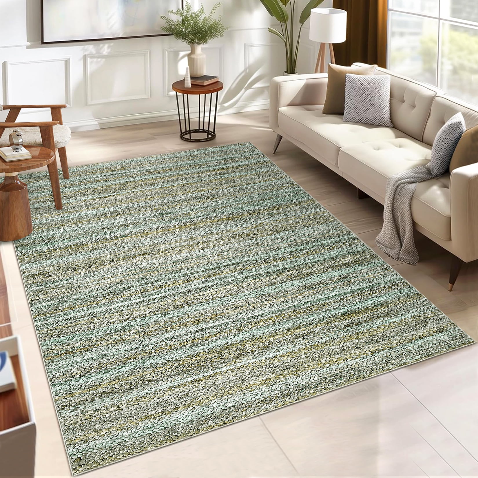 FairOnly 8'x10' Green Machine Washable Living Room Area Rugs Modern Braided Print Non Slip Rugs for Bedroom Home Office Rug Indoor Floor Carpet