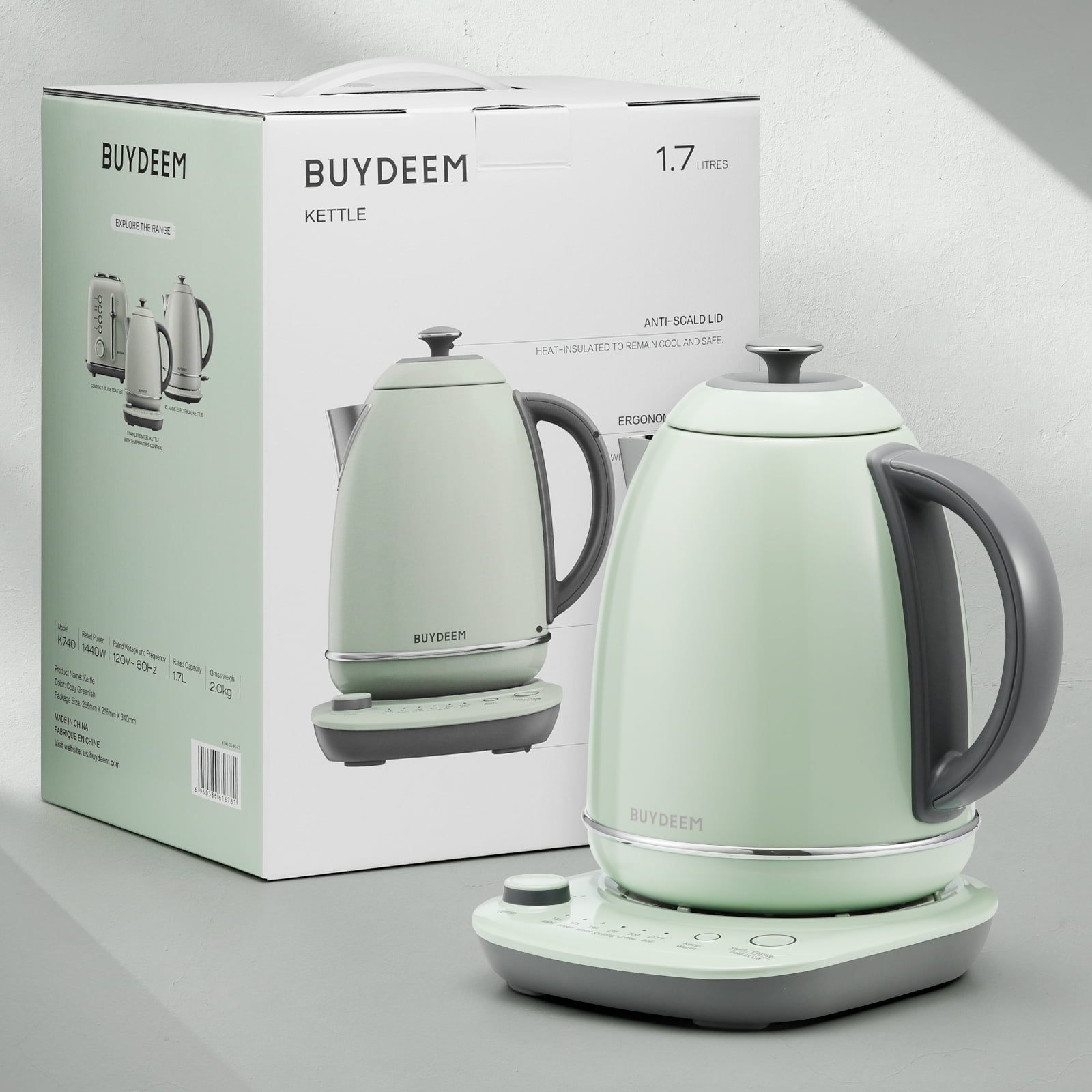 BUYDEEM K740 Electric Kettle with Temperature Control, 12H Keep Warm, Quick Boil, Stainless Steel Hot Water Boiler for Tea Coffee Milk, 1.7L, Cozy Greenish