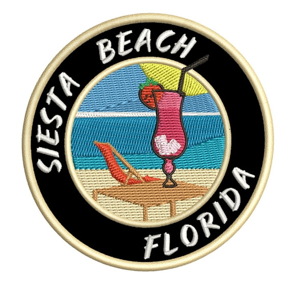 Happy Hour! At Siesta Beach, Florida USA 3.5 Inch Iron Or Sew On Embroidered Fabric Badge Patch Ocean Beach, Salt Life Iconic Series