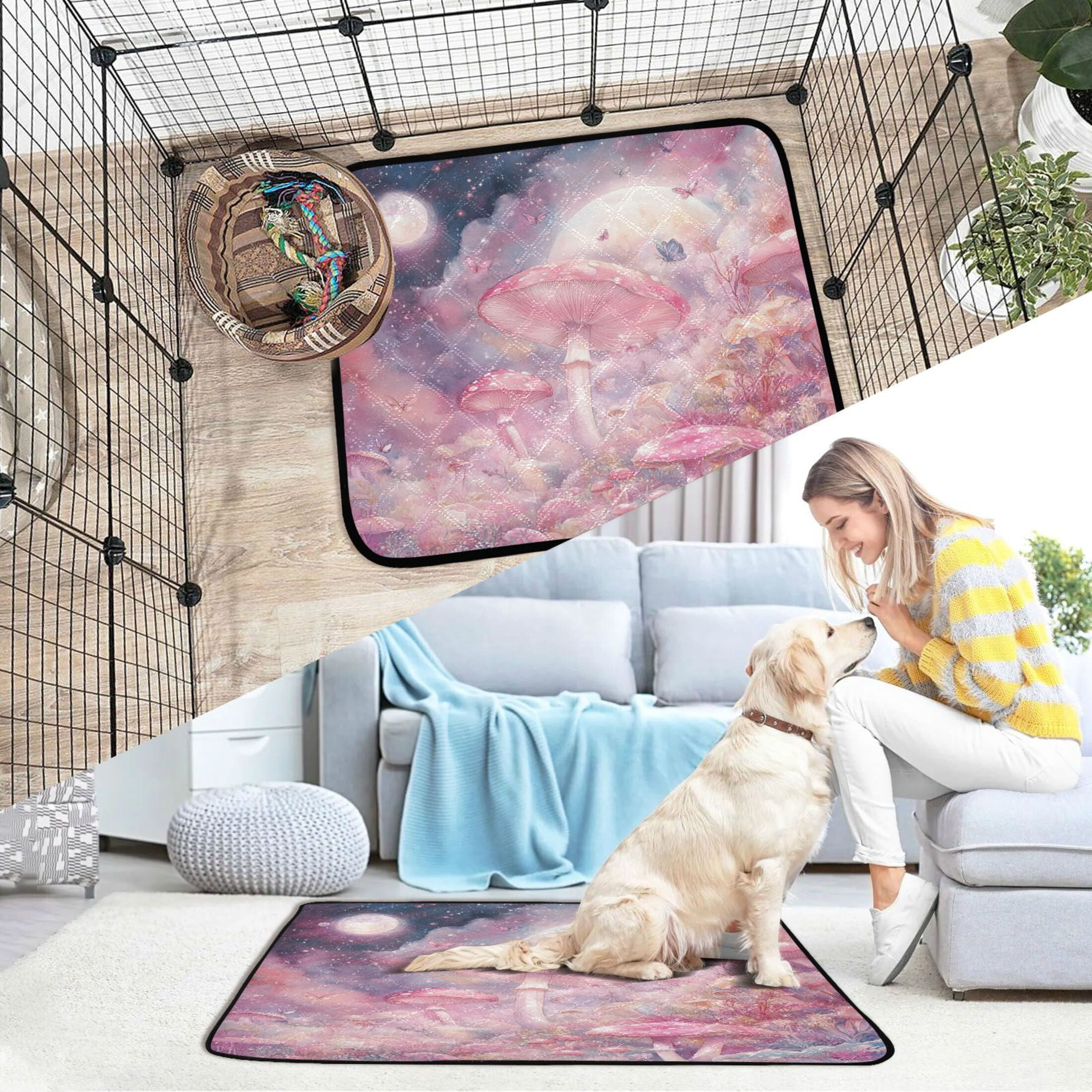 Qxltty Pink Mushroom Butterfly Cat litter Pads Pet Set of 3 Diaper Mats Center Anti-leakage Layer Absorbent Soft and Comfortable