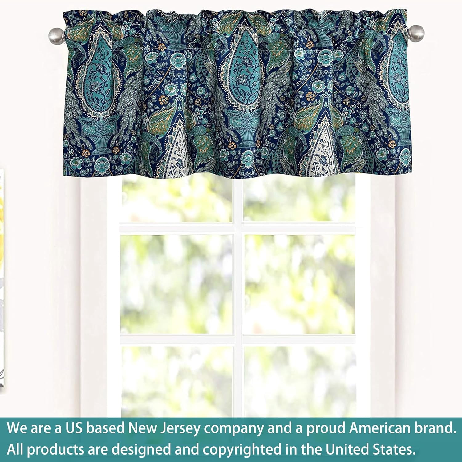DriftAway Christopher Peacock Floral Pattern Thermal Insulated Blackout Window Curtain Valance Rod Pocket 2 Layers 18"L x 52"W Plus 2" Header Teal