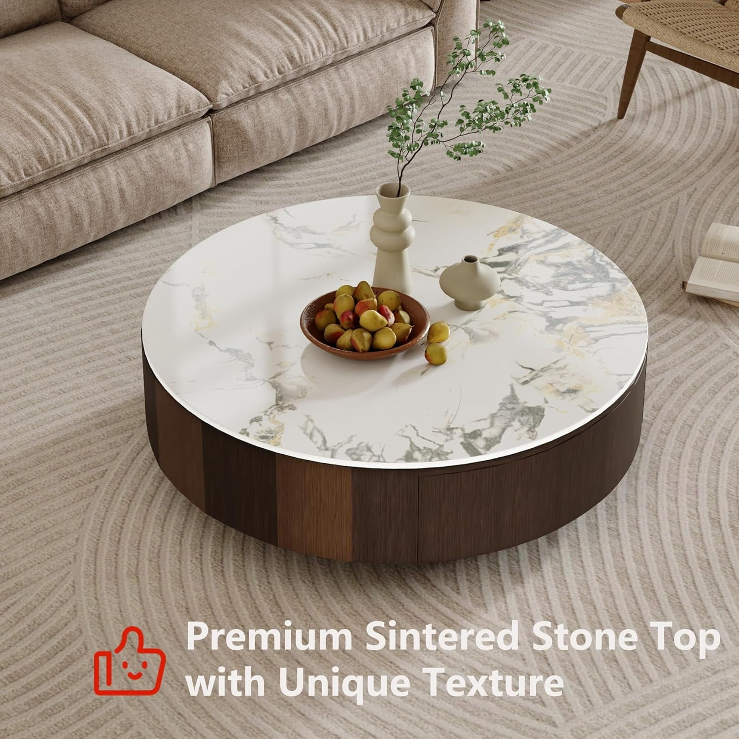 FHKJ HOME 35.4" Modern Round Coffee Table with Storage Drawer, White Sintered Stone Top