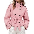 thumbnail image 5 of DPTALR Women's Gingham Stand Collar Double Breasted Belted Short Jacket Coat with Pockets,Size S-2XL, 5 of 9