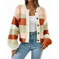 thumbnail image 2 of Women's Striped Chunky Needle Button-Down Cardigan Sweater Colorblock Long Sleeve Knitted Jacket for Fall and Winter Fashion,Red,M, 2 of 7