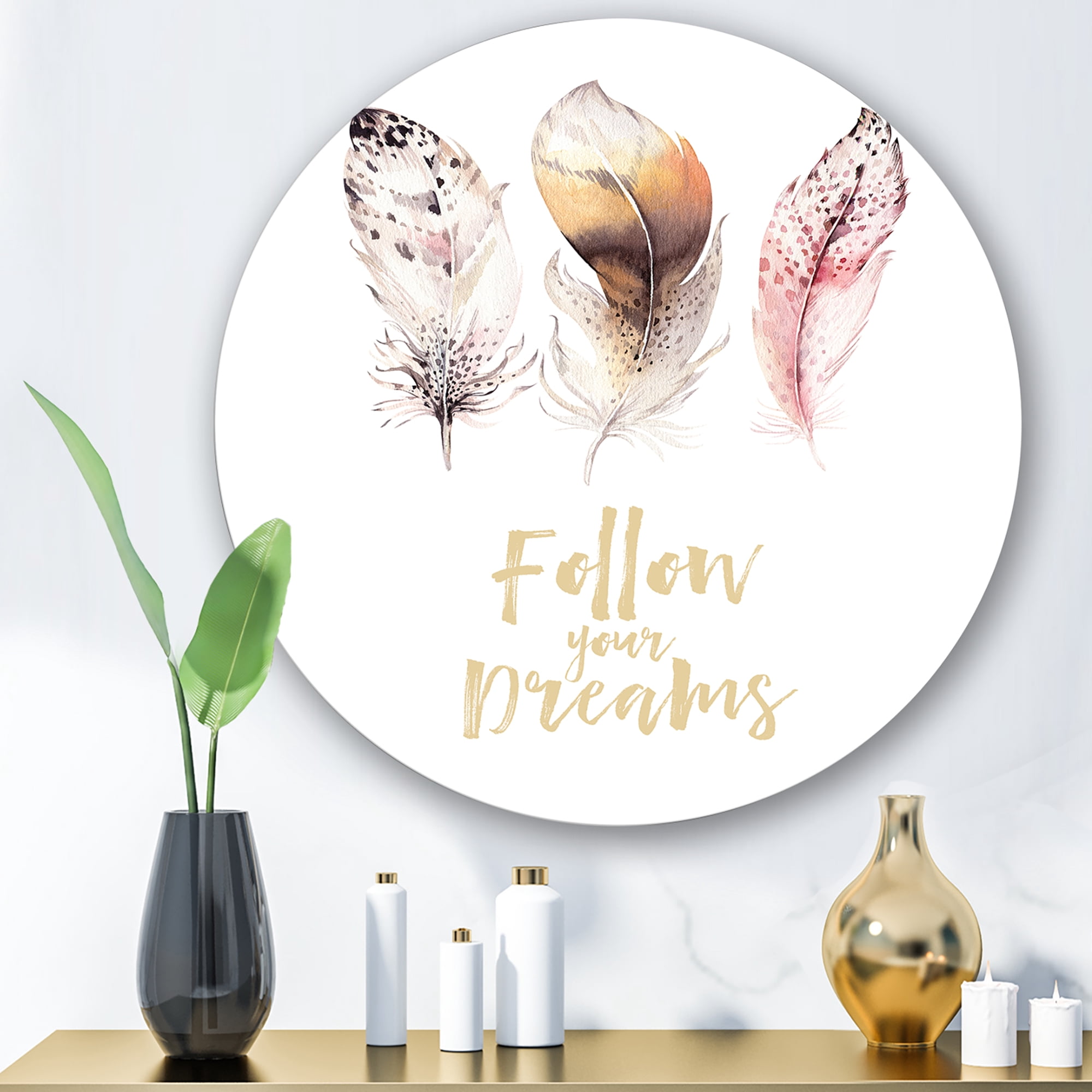 Designart 'Multicolored Boho Art Feathers Follow Your Dreams' Bohemian & Eclectic Circle Metal Wall Art 23x23 - Disc of 23
