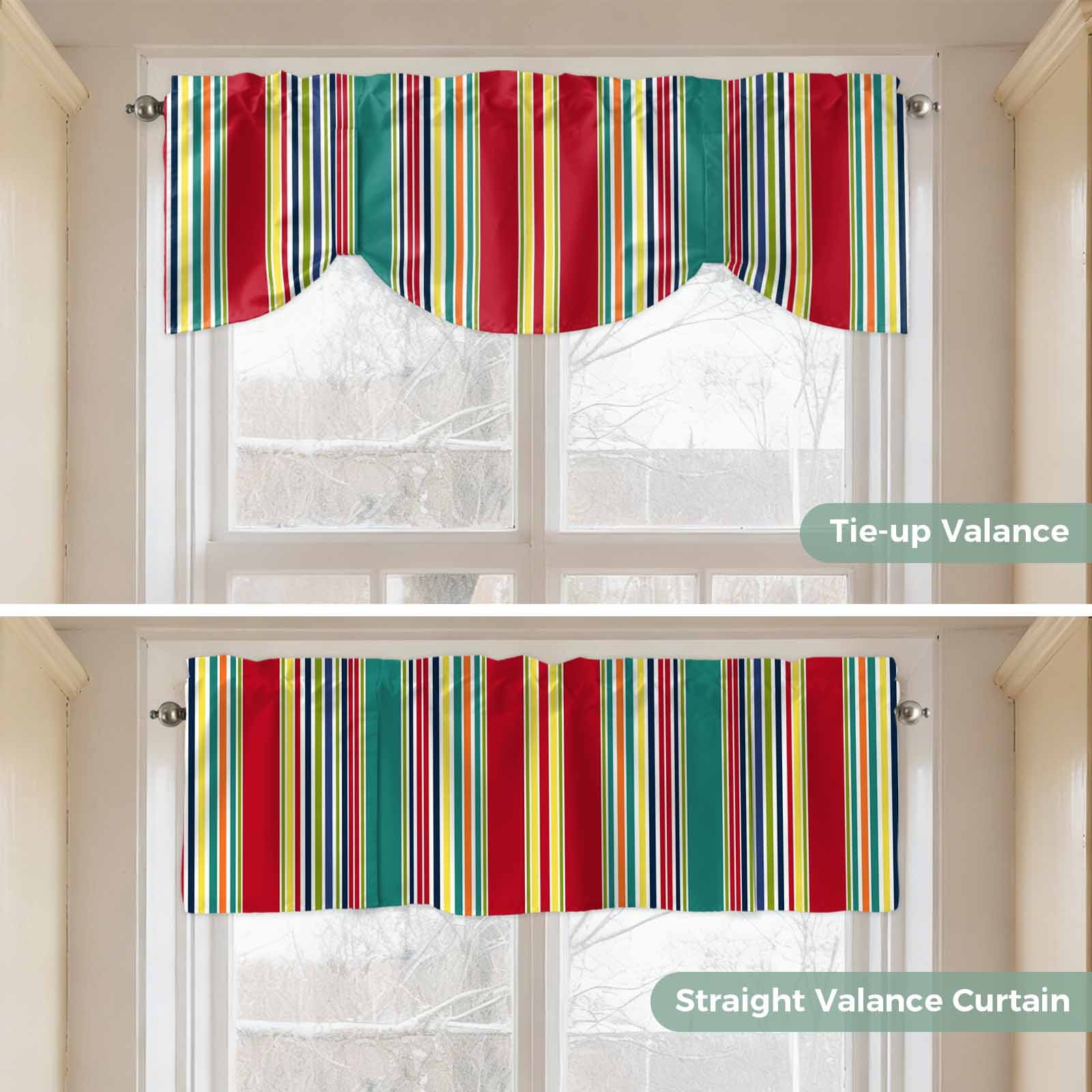 Colored Stripes Tie Up Valances Curtain, Adjustable Kitchen Abstract Red Teal Yellow Vertical Stripe Modern Valances for Windows Decor, Rod Pocket Short Curtains Set for Bedroom/Bathroom, 60"x18"