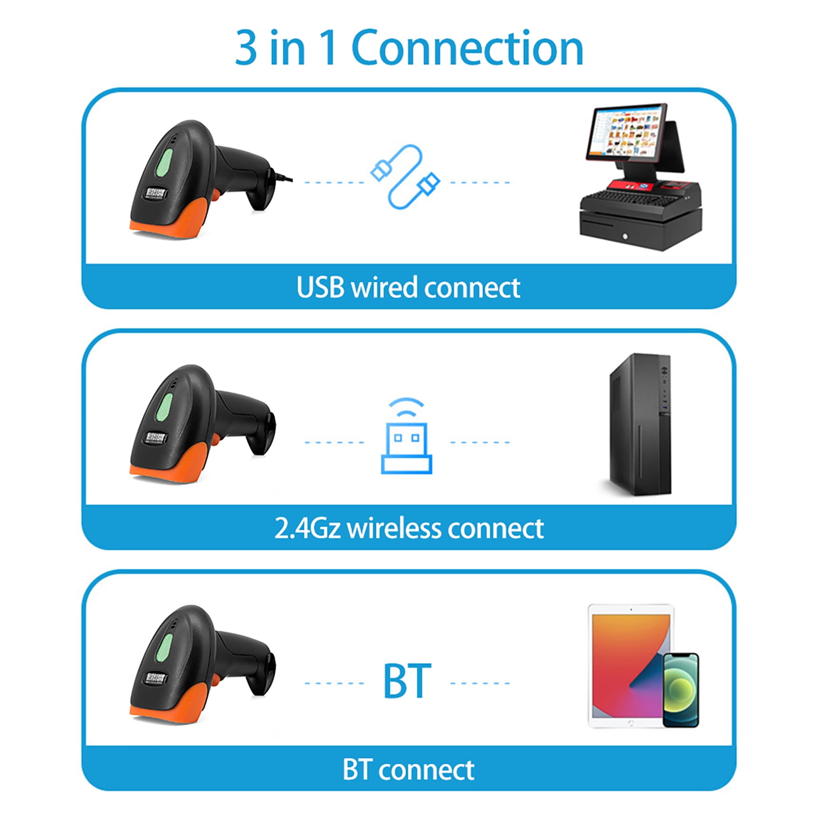 Elowen barcode scanner 1d Handheld 1D/2D/QR Barcode Scanner 2.4G Wireless USB Wired Bar Code Reader Manual / Continuous Scanning CMOS Image Sensor Support Paper Code/Screen Code PDF417 Compatible