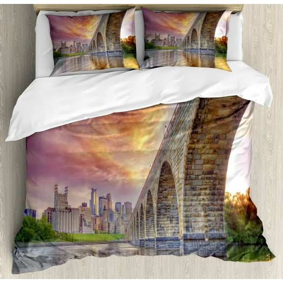 Minnesota Duvet Cover Set King Size, Stained Abutments of Historical Stone Arch Bridge Crossing the Mississippi River, Decorative 3 Piece Bedding Set with 2 Pillow Shams, Multicolor, by Ambesonne