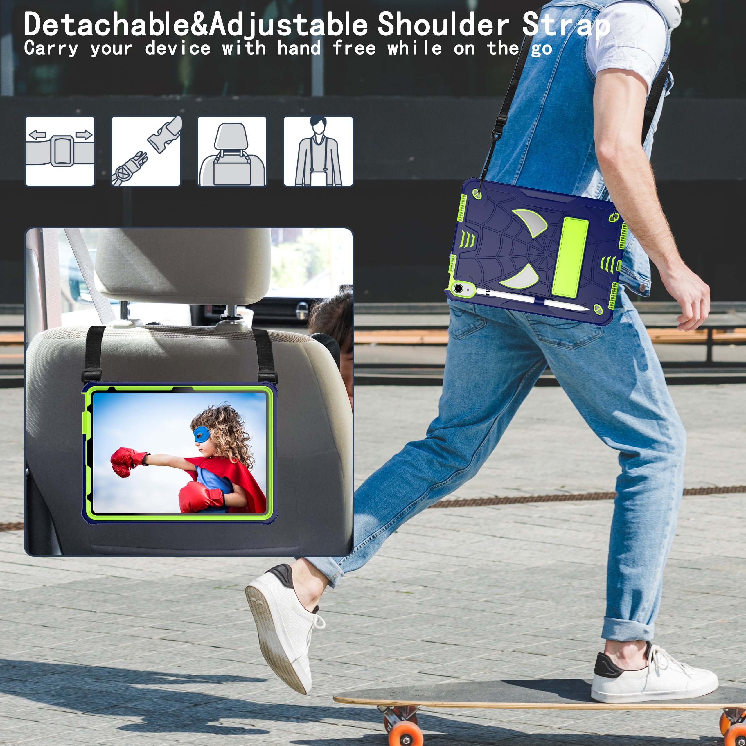 TECH CIRCLE for iPad 11-inch A16 (2025), iPad 10.9" (10th Gen) 2022 Release Shockproof Case with Kickstand/Pencil Holder Loop/Shoulder Strap/Stylus, Cute Spider Rugged Cover, Blue+Chartreuse