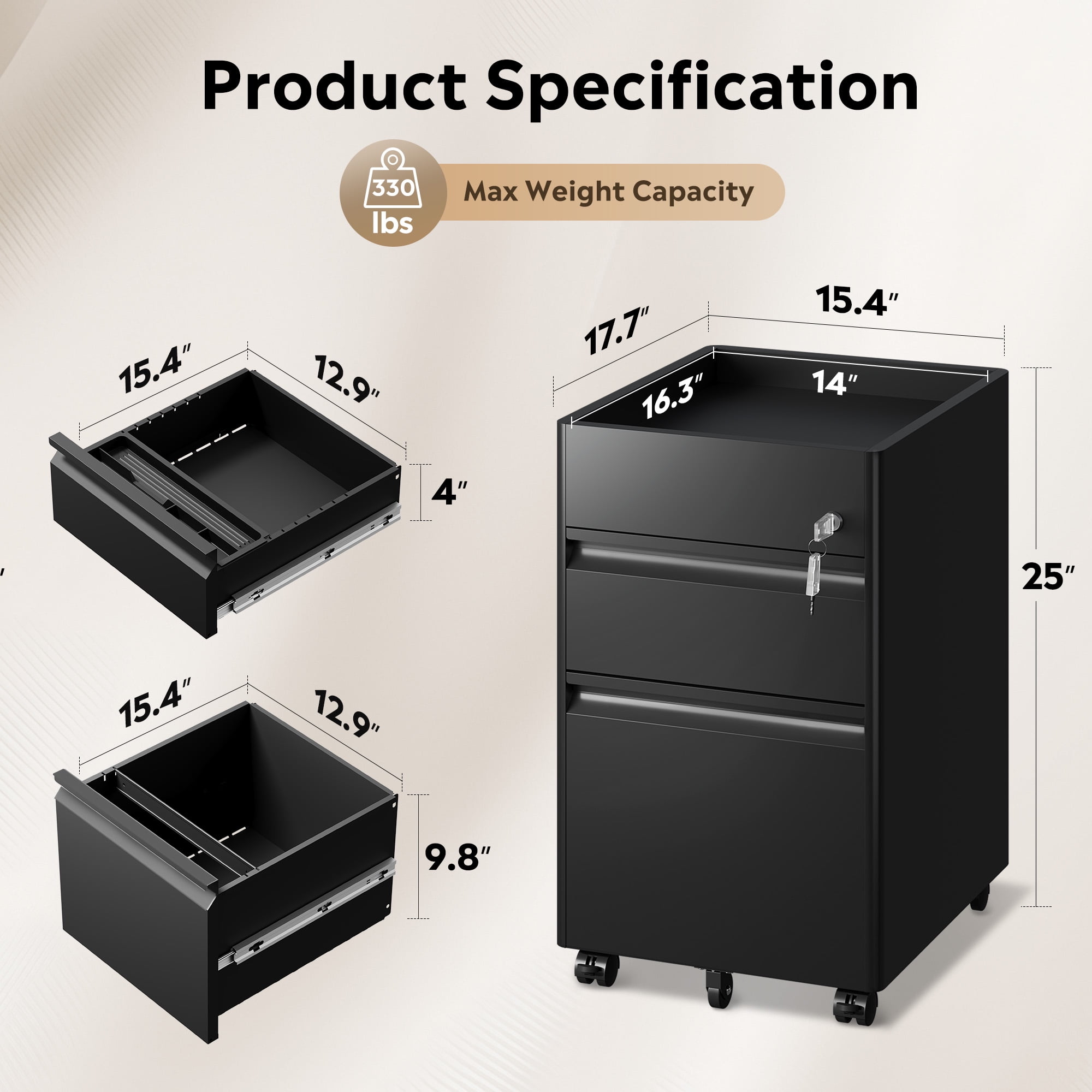GALAXHERO 2 Drawer File Cabinet with Lock, Metal Storage Organizer with Fence, Mobile Filing Cabinets for Home Office, Fit Letter/A4/Legal Size Files, Black
