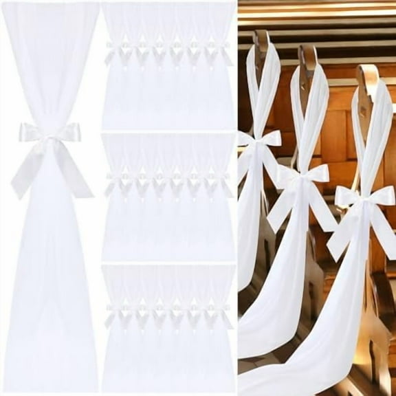24 Set Wedding Aisle Decor Bulk Chiffon White Chair Sashes with Ribbons Tulle White Sashes Pew Decorations for Weddings Party Ceremony Church Flower Arrangement
