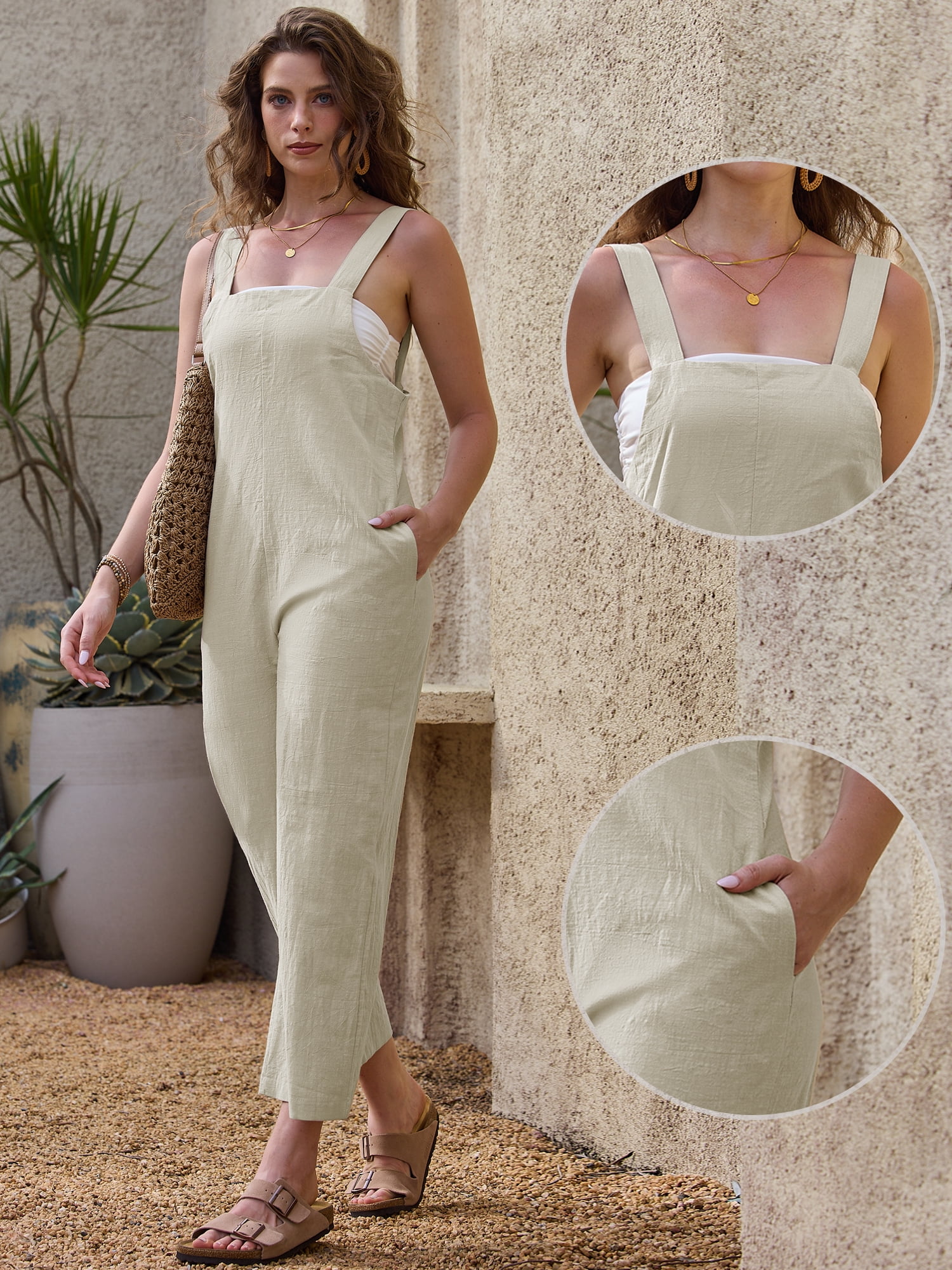 DARING DIVA Women's Cotton Linen Adjustable Tie Straps Bib Overalls X Small Khaki