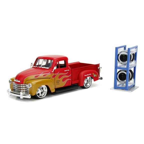 Just Trucks 1:24 1953 Chevy Pickup Die-cast Car Red Orange Flames with Tire Rack Play Vehicles