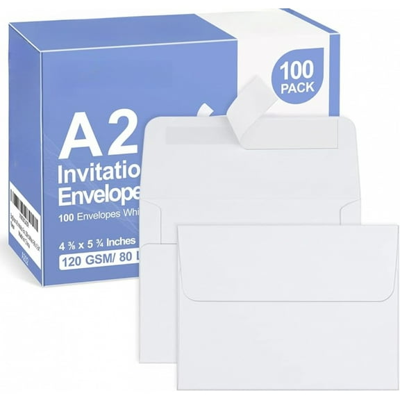 100 Pack White A2 Paper Envelopes Peel & Seal Invitation Envelopes for Weddings, RSVP, Photos, Greeting Cards, Baby Shower, Announcements, Thank You Notes 4.375 x 5.75 Inches