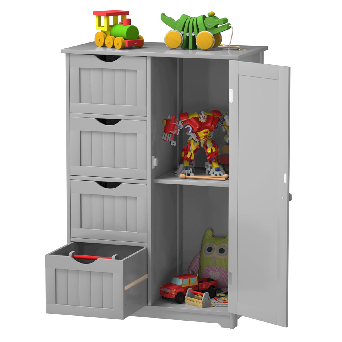 Giantex Bathroom Floor Cabinet Wooden with 1 Door & 4 Drawer, Free Standing Wooden Entryway Cupboard Spacesaver Storage Cabinet (Gray)