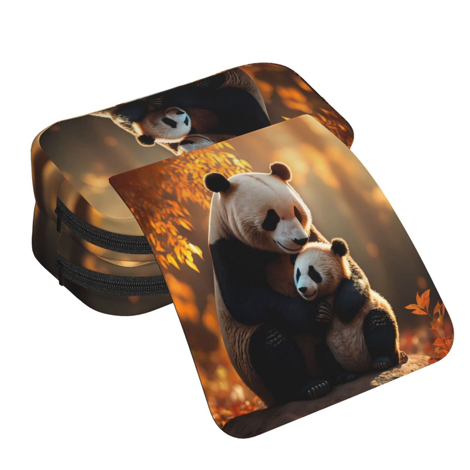 Rateoe Maple Forest Panda Pattern Double Clamshell Pen Case, Storage Organizer with Two Zipper Compartments– Holds Up to 50 Pencils & Pens
