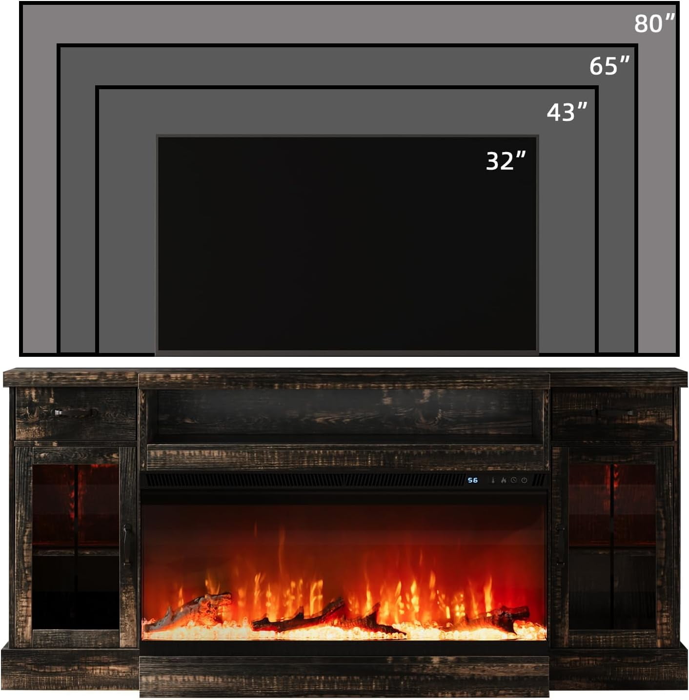 DreamCurship Fireplace TV Stand for TVs up to 80", Farmhouse TV Stand with Electric Fireplace, Glass Door Entertainment Center with Led Light, Media Console Table for Living Room, Oak