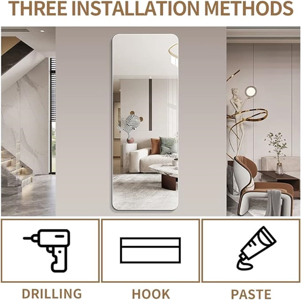Full Body Mirror with Round Corner Design, Explosion-Proof Glass and Anti-Oxidation Silver Mirror, Wall Mount Mirror for Bedroom and Living Room, 60"x15"