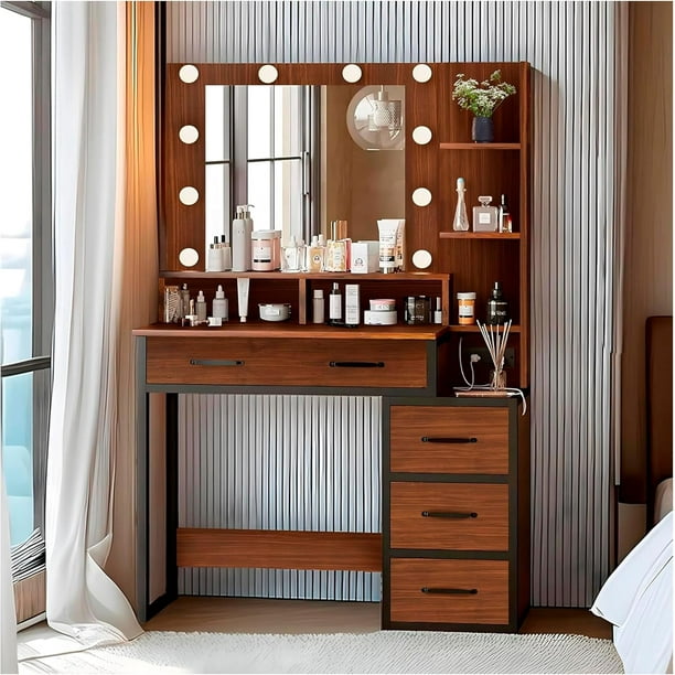 Vanity Tocador de Maquillaje con Espejo 3 en 1 Grande y Luces LED Mesa Multifuncional con Estacion de Carga Cajones y Estantes Estilo Hollywood