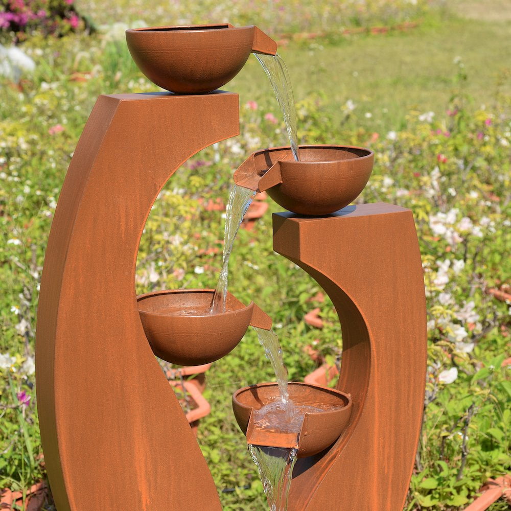 Outdoor Metal Cups Fountain with Rusty Top and Black Basin